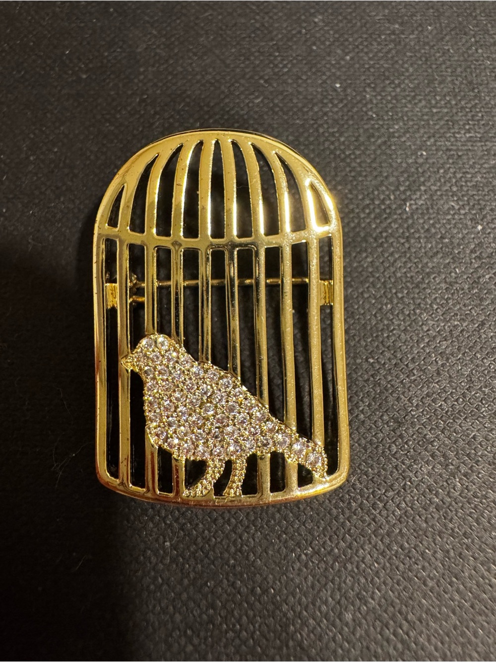 Gold Birdcage Pin with Pavé Crystal Bird